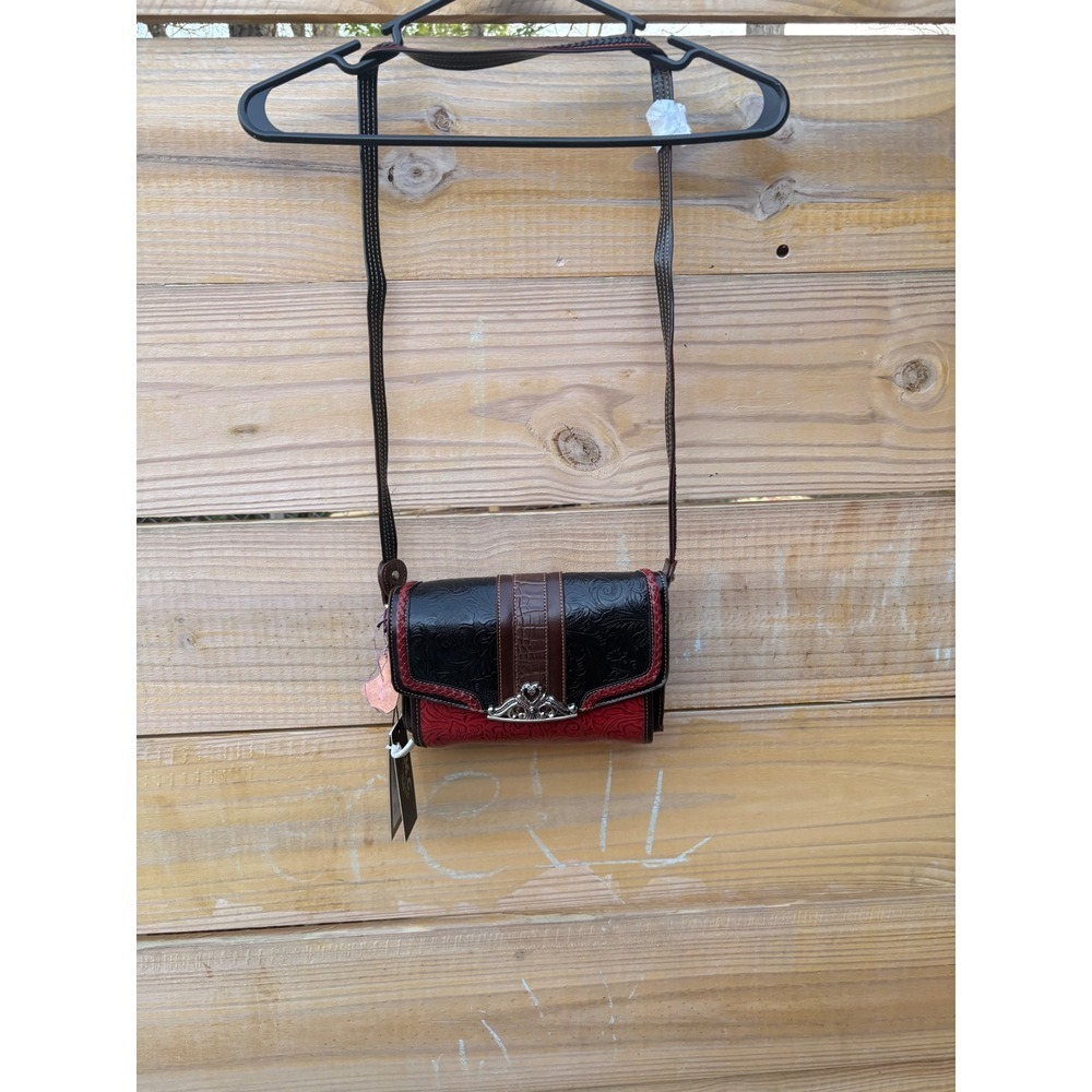 M.C. Western Floral Embossed Crossbody Bag Black Red Tooled Built-in Wallet NEW